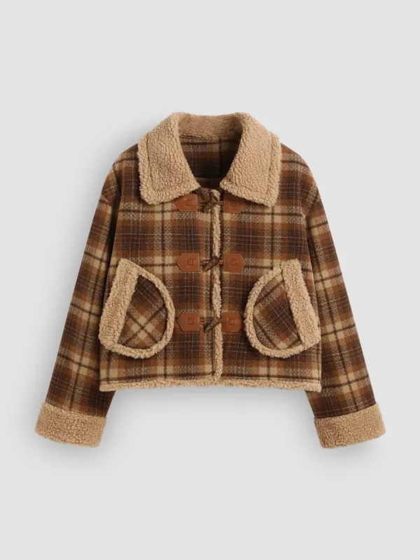 Fleece Collar Tartan Pocket Toggle Button Oversized Jacket sold by Cider