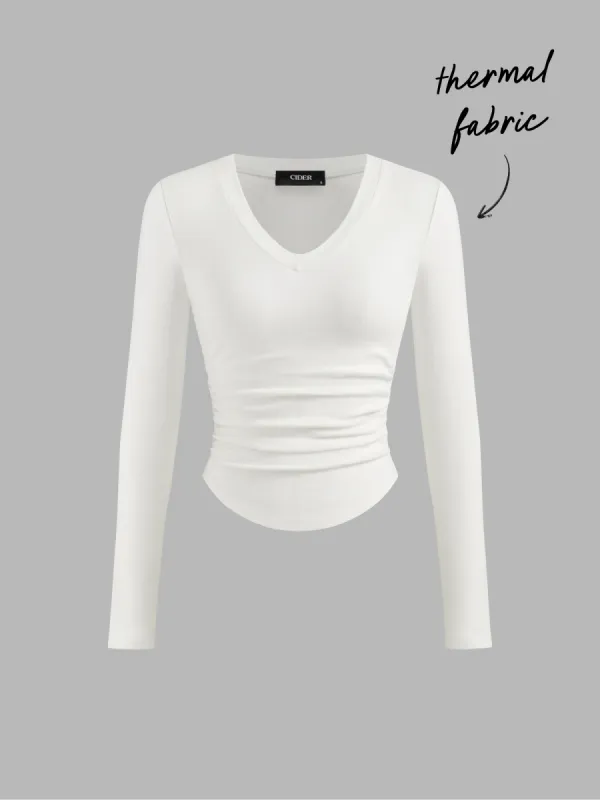 Thermal Cotton-blend V-neck Solid Ruched Long Sleeve Tee sold by Cider
