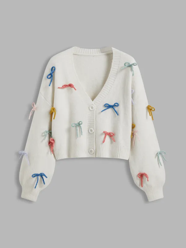 Knit V-neck Bowknot Button Cardigan sold by Cider