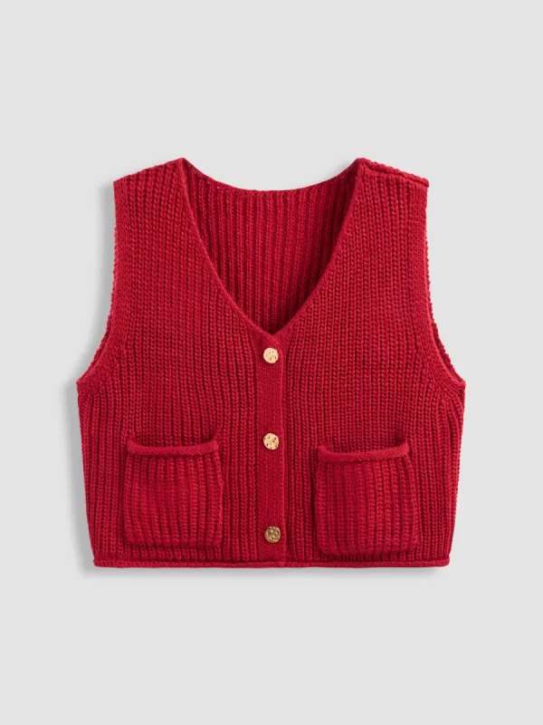 Knit V-neck Solid Button Pocket Crop Vest Curve & Plus sold by Cider