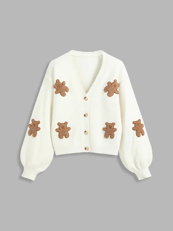 Knit V-neck Bear Button Cardigan sold by Cider