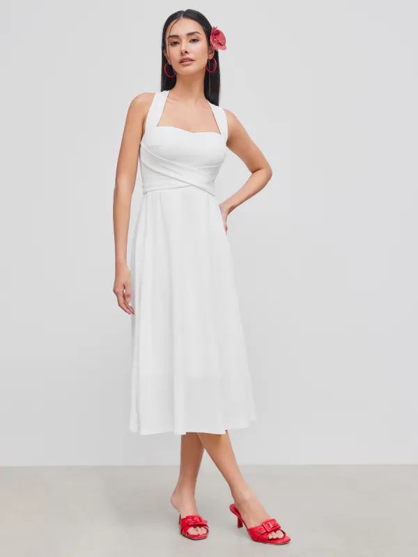 Square Neck Solid Criss Cross Ruffle Midi Dress sold by Cider