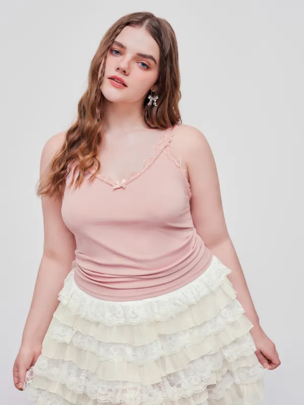 V-neck Lace Bowknot Ruched Cami Top Curve & Plus sold by Cider