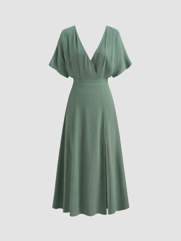 Linen-blend V-neck Solid Ruffle Split Maxi Dress sold by Cider