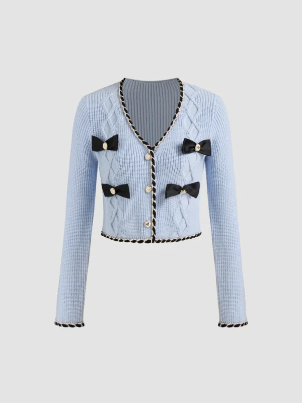 Knit V-neck Contrasting Binding Bowknot Crop Top sold by Cider