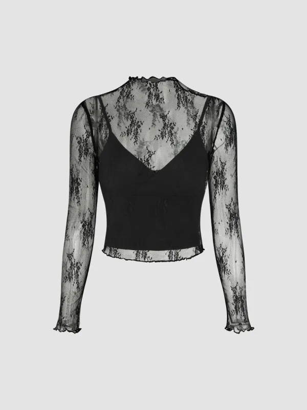 High Neck Lace Floral Blouse & Solid Crop Cami Top Set sold by Cider