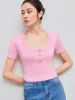 Knit Square Neck Solid Crop Short Sleeve Top sold by Cider