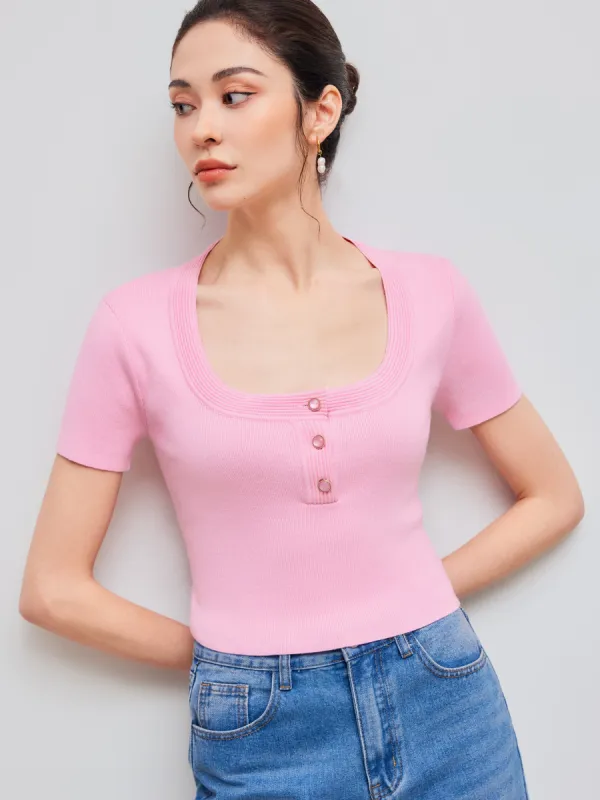 Knit Square Neck Solid Crop Short Sleeve Top sold by Cider