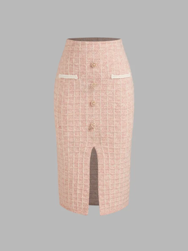 Knit Mid Rise Solid Split Button Midi Skirt sold by Cider