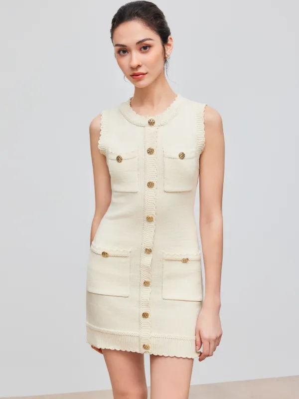 Knit Round Neckline Solid Button Pocket Mini Dress sold by Cider
