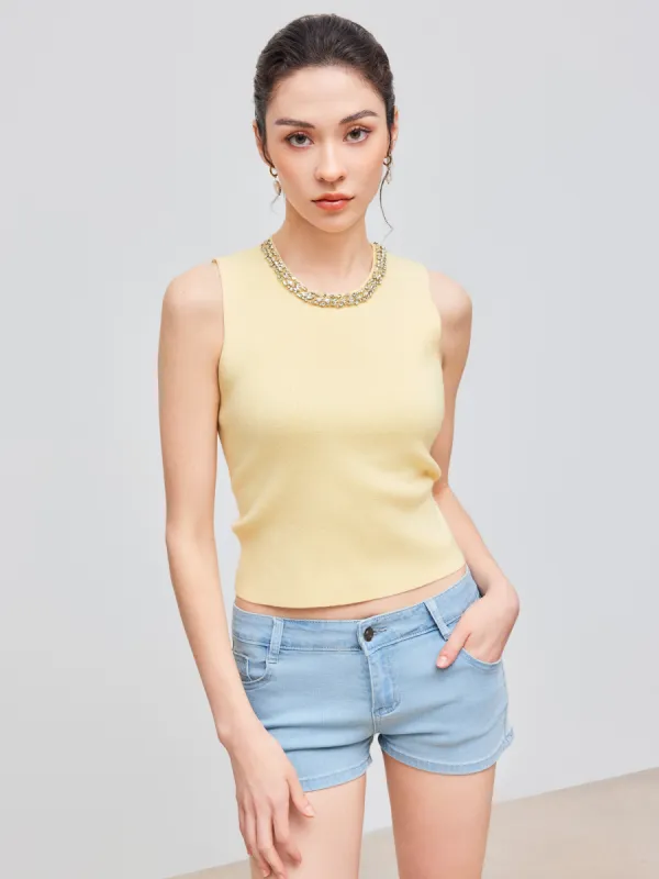 Knit Round Neckline Solid Rhinestone Tank Top sold by Cider