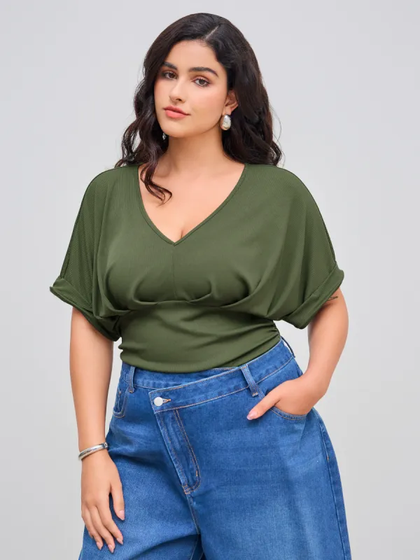 V-neck Solid Ruched Roll-up Sleeve Bodysuit Curve & Plus sold by Cider