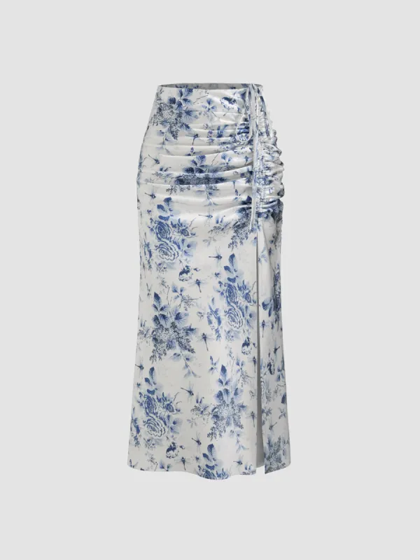 Mid Rise Floral Drawstring Split Maxi Skirt sold by Cider