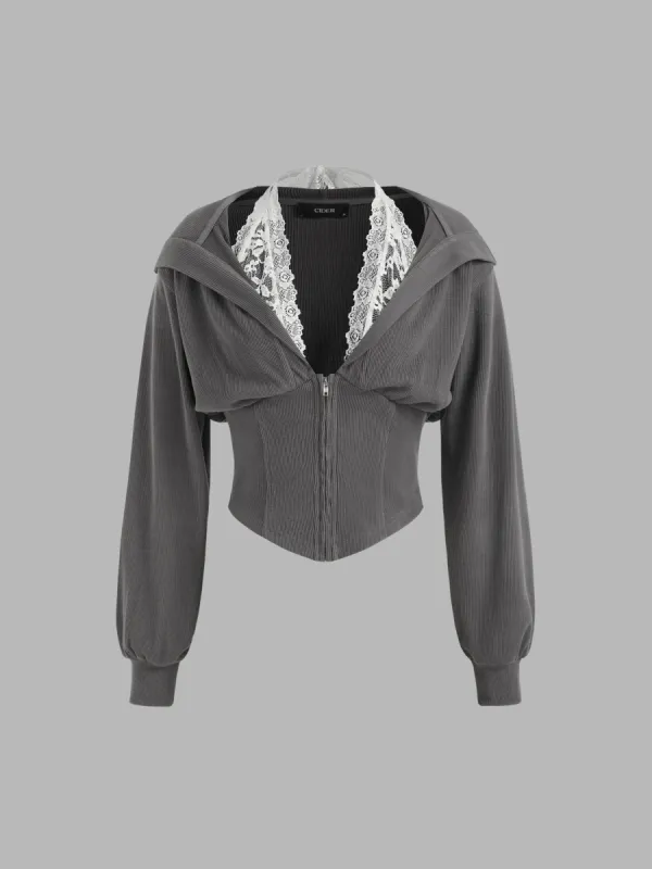 Rib Lace Halter Contrasting Binding Hoodie sold by Cider