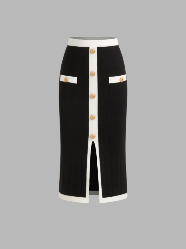 Knitted Mid Rise Contrasting Binding Split Midi Skirt sold by Cider