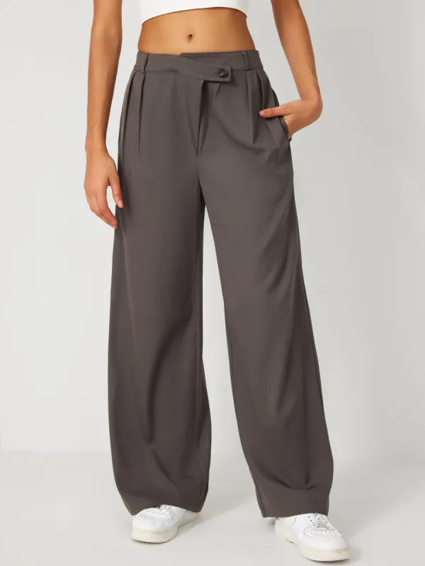 Solid Mid Waist Pleated Straight Leg Trousers sold by Cider