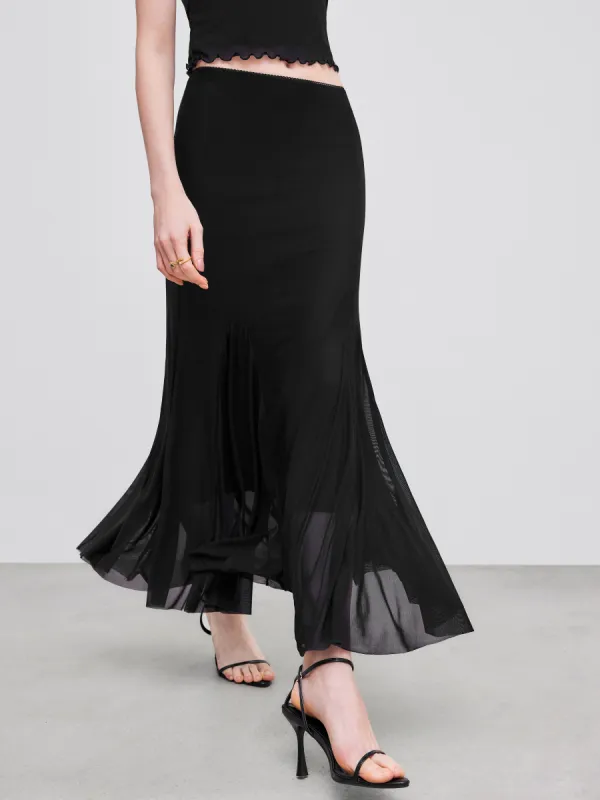 Mesh Mid Rise Solid Ruffle Maxi Skirt sold by Cider