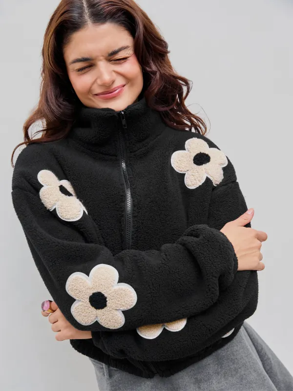 Fleece Stand Neck Flower Pattern Zipper Jacket sold by Cider