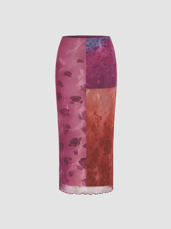 Mesh Floral Patchy Lettuce Trim Maxi Skirt sold by Cider