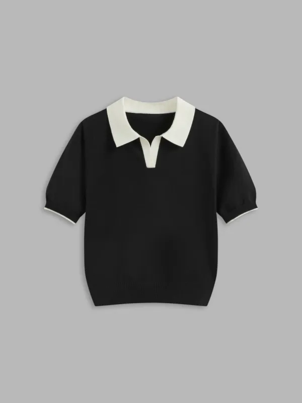 Knit Polo Contrasting Binding Short Sleeve Top sold by Cider