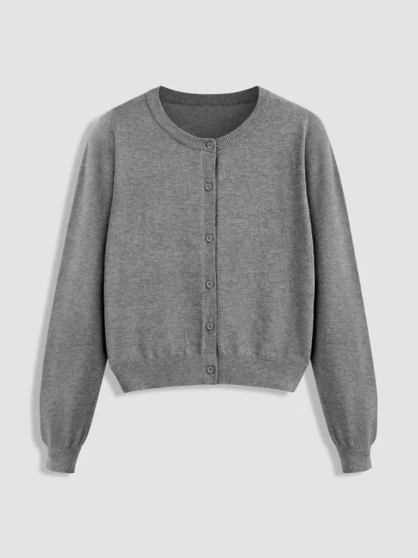 Knit Round Neckline Solid Button Cardigan sold by Cider