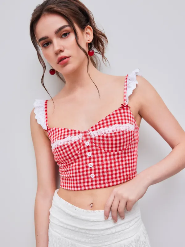 Square Neck Gingham Lace Broderie Anglaise Trim Crop Top sold by Cider