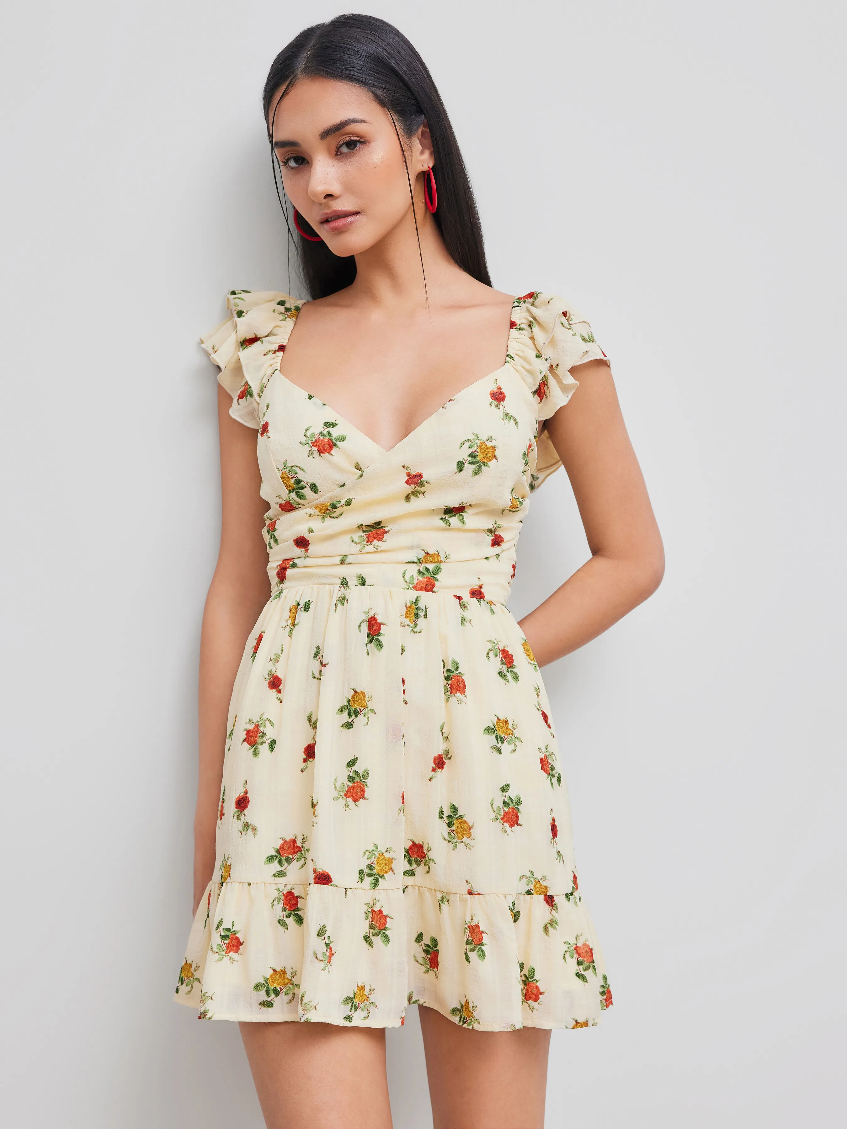 Sweetheart Neckline Floral Shirred Ruffle Mini Dress sold by Cider