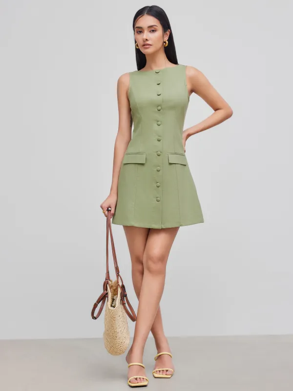 Linen-blend Boat Neckline Solid Button Mini Dress sold by Cider