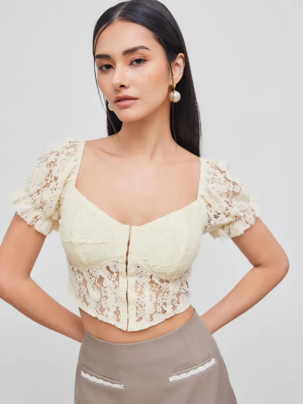 Lace Square Neck Solid Crop Short Sleeve Blouse sold by Cider