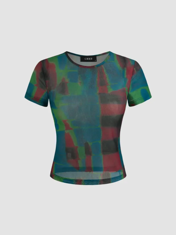 Mesh Round Neckline Abstract See-through Short Sleeve Top sold by Cider