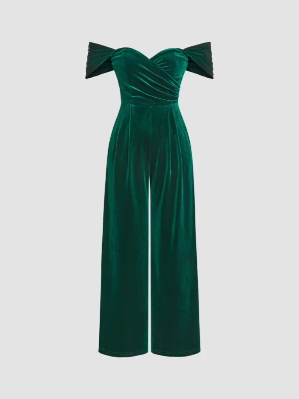Velvet Off-shoulder Solid Ruched Jumpsuit sold by Cider