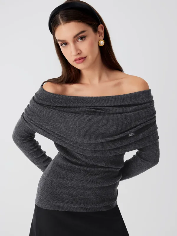Wool-blend Off-shoulder Ruched Knit Long Sleeve Top sold by Cider