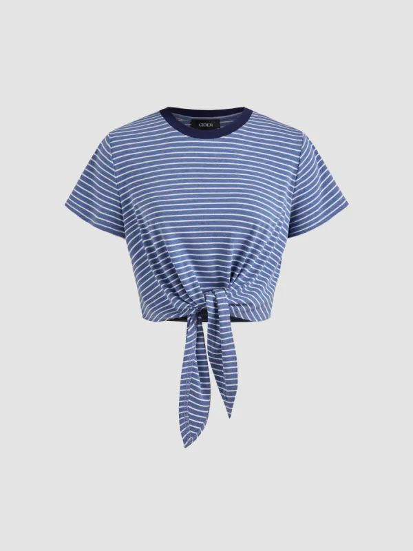 Round Neckline Striped Crop Short Sleeve Tee sold by Cider