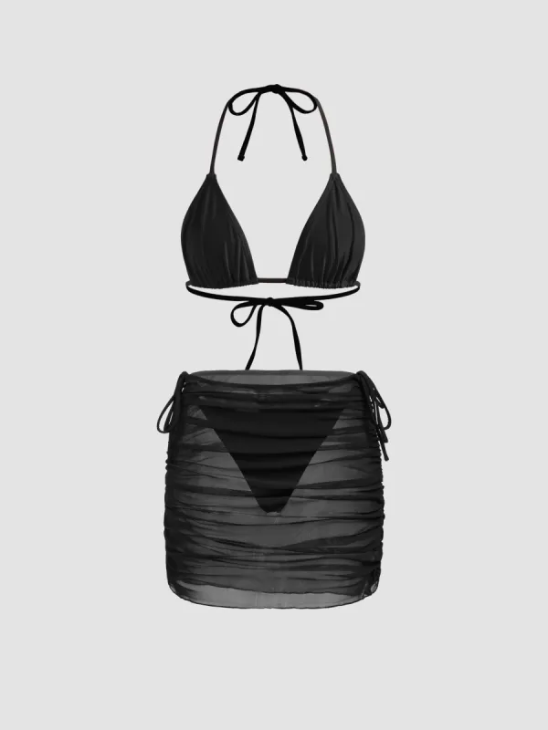 Halter Neckline Solid Triangle Tie Side Bikini Set With Mesh Cover Up Skirt sold by Cider