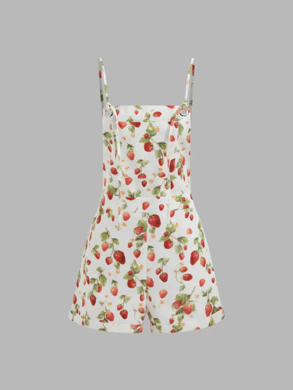 100% Cotton Square Neck Strawberry Graphic Pocket Romper sold by Cider