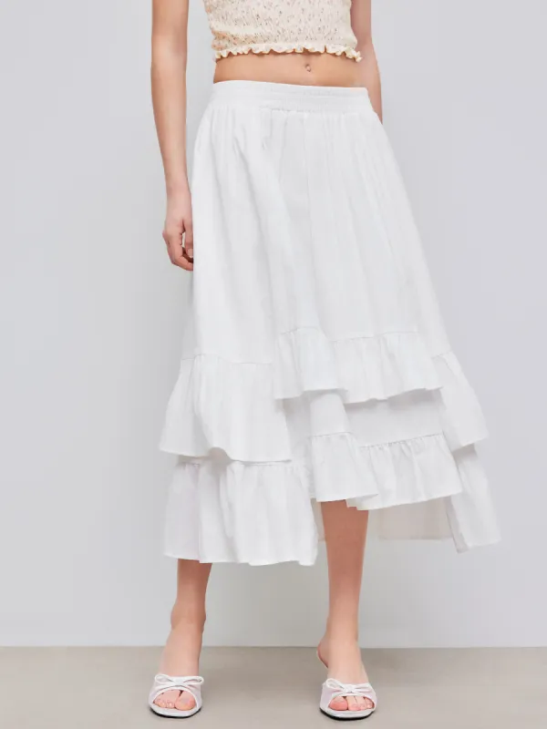 100% Cotton High Rise Solid Ruffle Layered Maxi Skirt sold by Cider