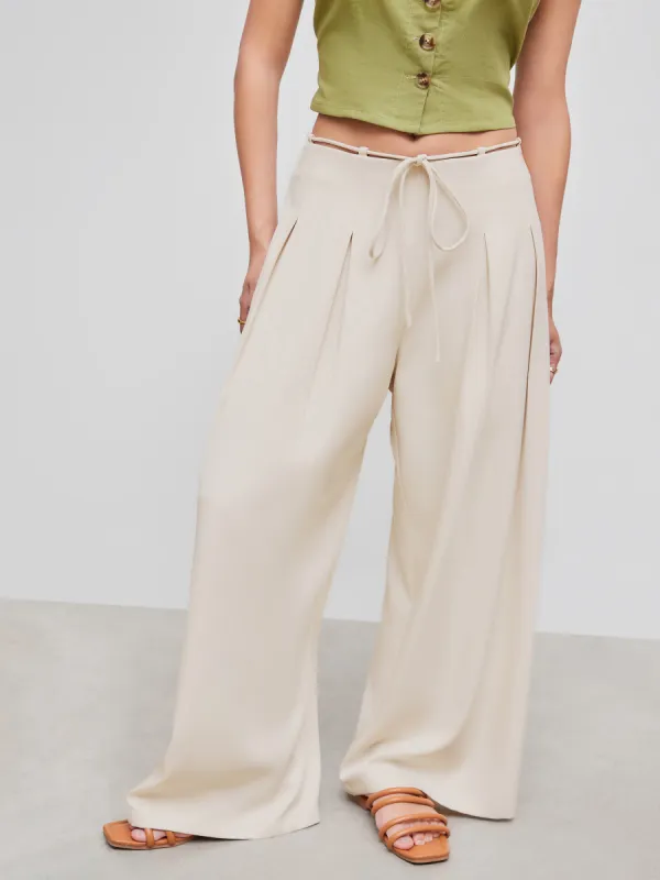 Mid Rise Solid Zipper Wide Leg Trousers With Rope Belt sold by Cider