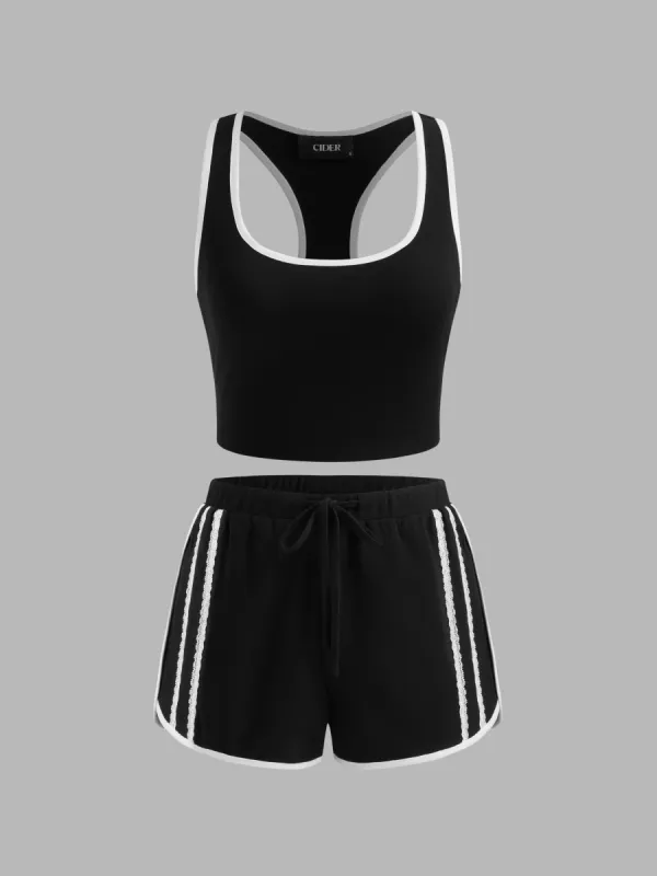 Cotton-blend Square Neck Contrasting Binding Crop Tank Top With Mid Rise Side Stripe Shorts  sold by Cider