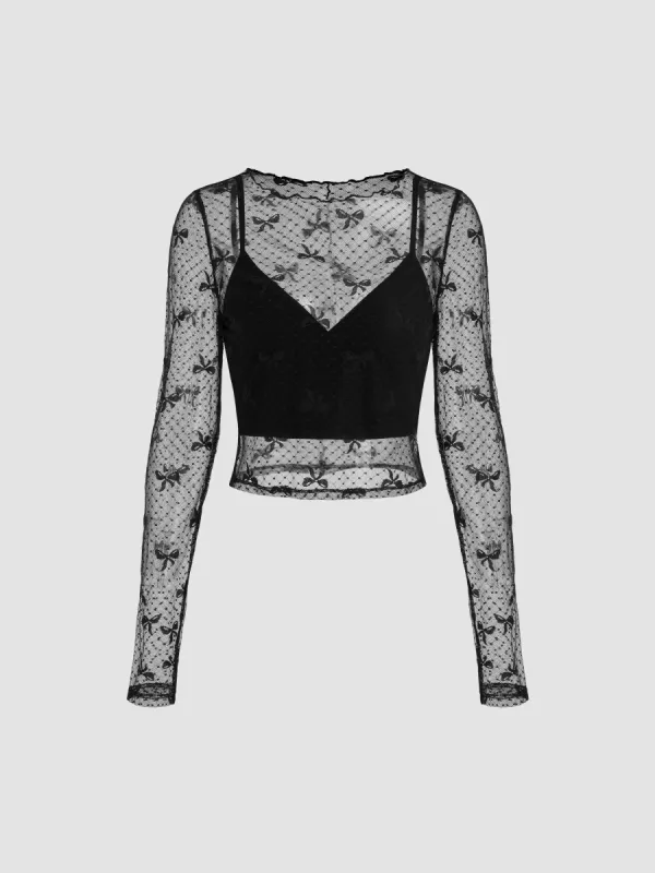 Mesh Bowknot See-Through Top With V Neck Crop Cami Top sold by Cider