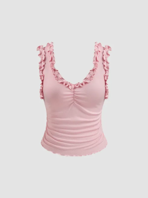 V-neck Solid Lettuce Trim Ruched Tank Top sold by Cider