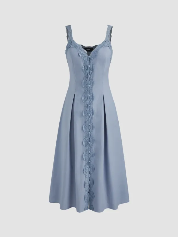 Linen-blend V-neck Solid Lace Trim Knotted Midi Dress sold by Cider