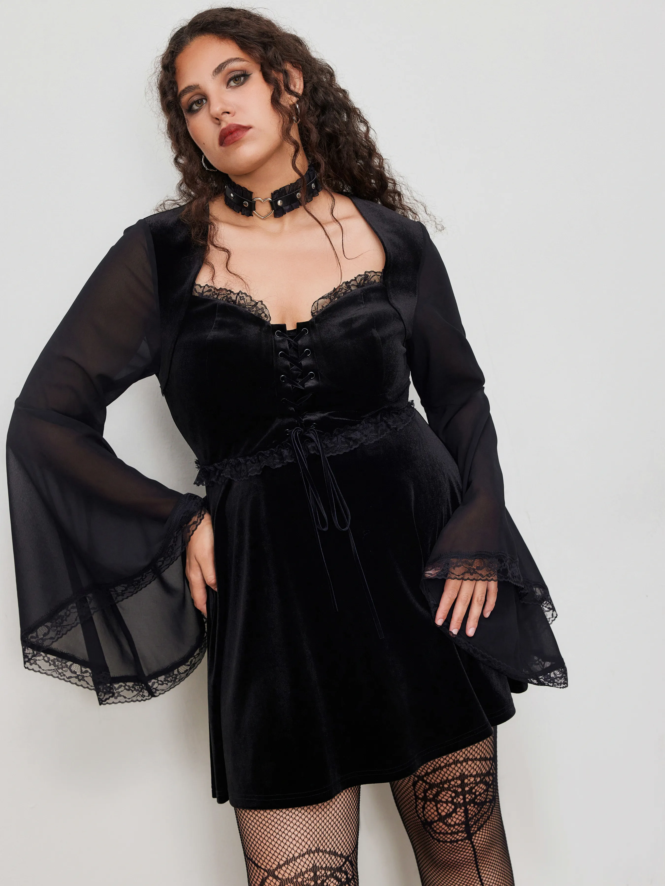 Velvet Square Neck Solid Lace Up Bell Sleeve Mini Dress Curve & Plus sold by Cider