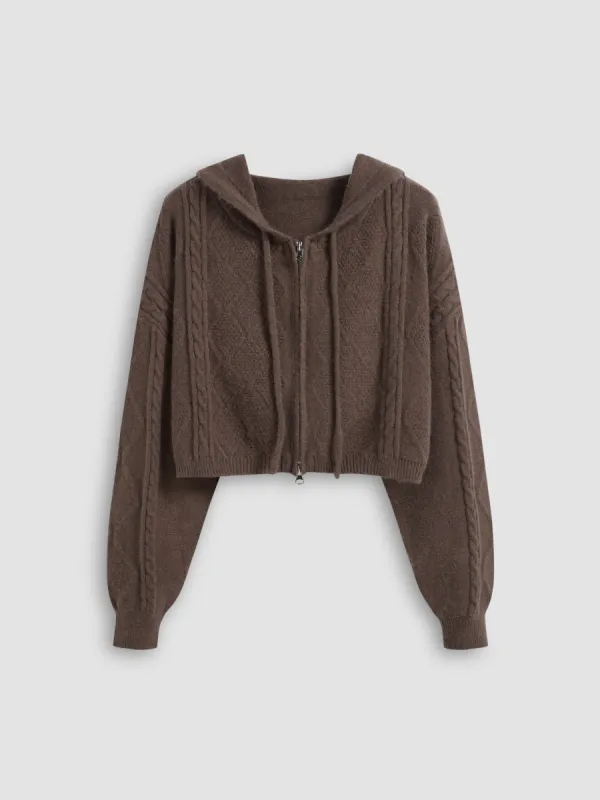 Cable Knit Hooded Solid Drawstring Zipper Cardigan sold by Cider
