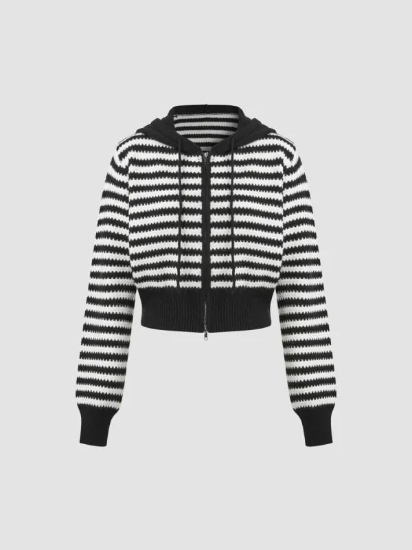 Knit Hooded Striped Drawstring Cardigan sold by Cider