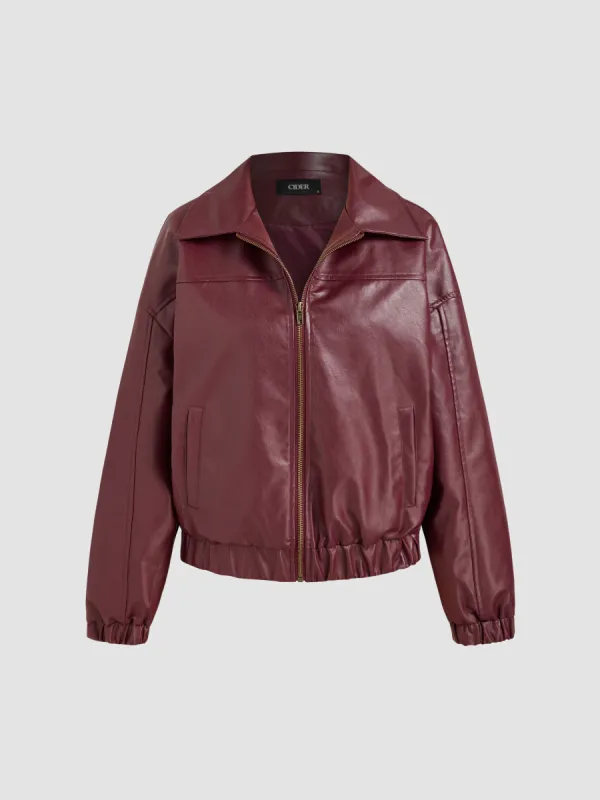 Faux Leather Collar Solid Pocket Zipper Bomber Jacket sold by Cider