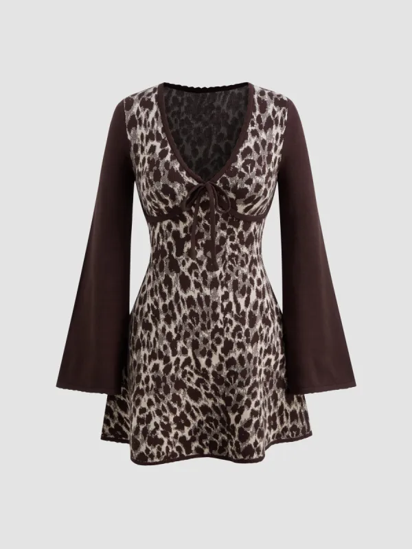 Knit V-neck Leopard Bowknot Long Sleeve Mini Dress sold by Cider