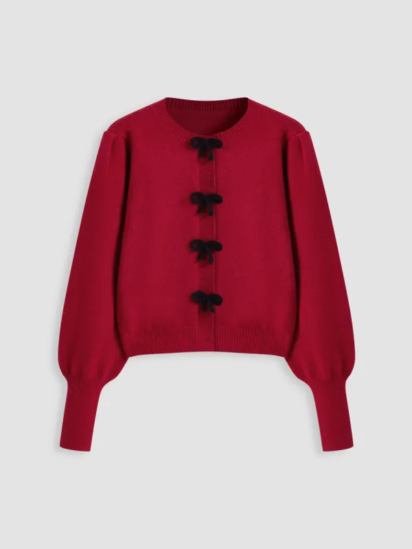 Knit Round Neckline Bowknot Cardigan sold by Cider