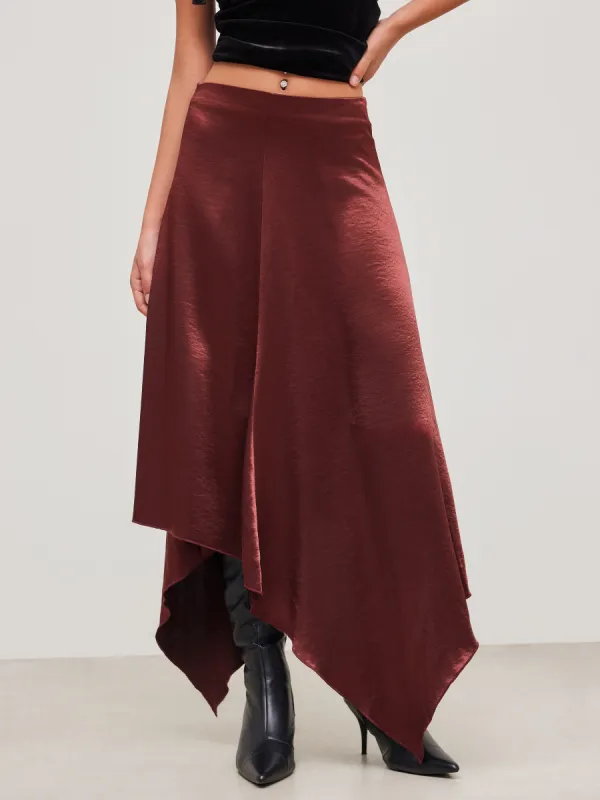 Satin Mid Rise Solid Asymmetrical Hem Maxi Skirt sold by Cider