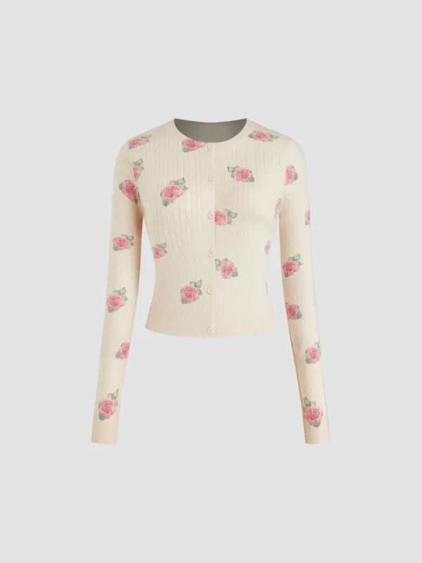 Knit Round Neckline Floral Cardigan sold by Cider