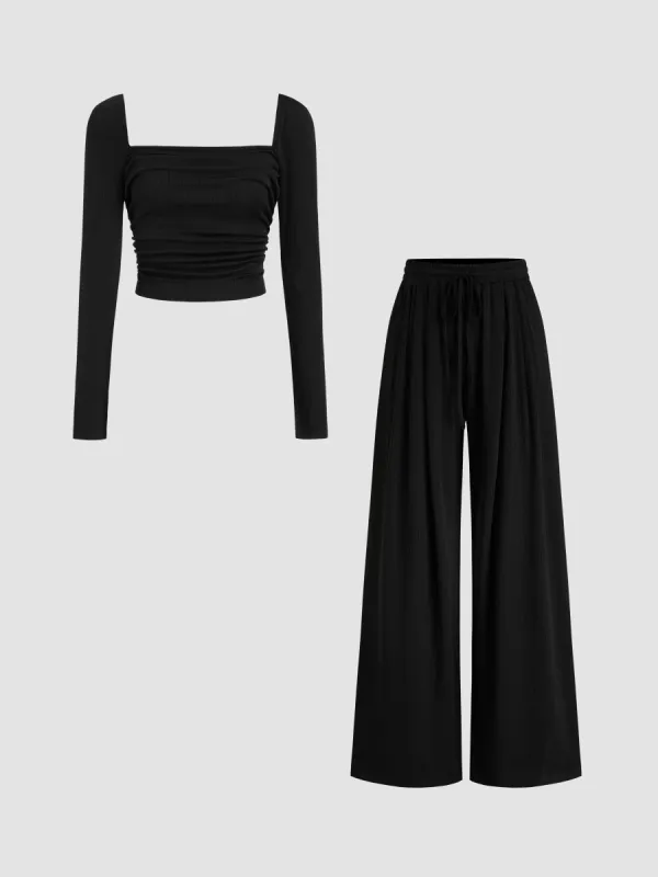 Square Neck Ruched Long Sleeve Crop Top & Mid Rise Wide Leg Trousers Set sold by Cider
